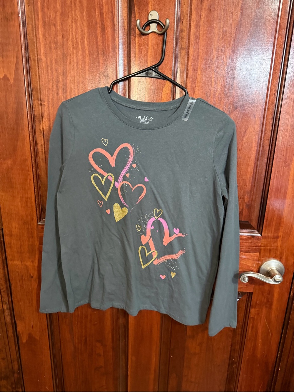 Place Grey Long Sleeve Tee with Pink, Gold, and Orange Hearts